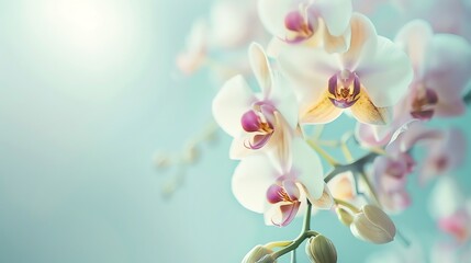 Wall Mural - White and purple orchids on a blue background. The orchids are in focus, while the background is blurred. The image has a soft, dreamy feel to it.