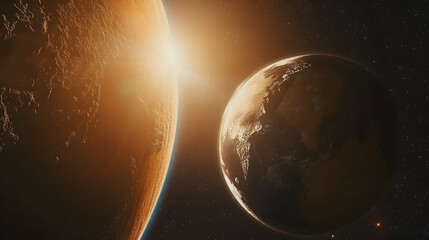Wall Mural - a breathtaking scene of two planets orbiting close to each other, illuminated by the warm glow of a 
