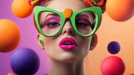 Wall Mural - Woman with green glasses and pink lipstick is surrounded by colorful spheres