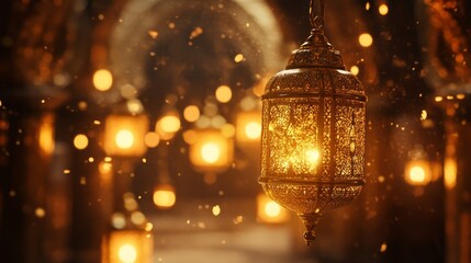 Wall Mural -  Elegant arabic lantern with intricate metalwork glowing in warm light, set against a peaceful ramadan kareem background with soft golden bokeh and traditional islamic patterns, creating a spiritual a