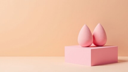 Poster - Pastel Pink Makeup Sponges Resting on a Matching Cube Against a Soft Peach Background