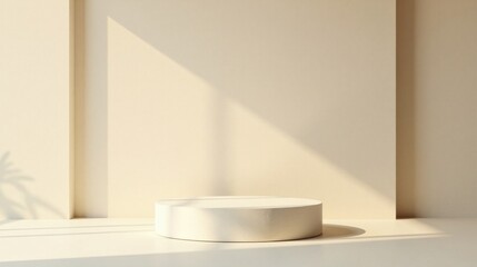 Fototapete - A minimalist cream-colored cylindrical pedestal sits bathed in sunlight against a backdrop of softly lit walls, casting gentle shadows.