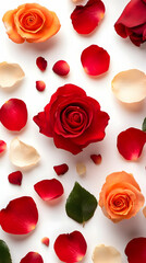 Sticker - Red and orange roses, petals, white background