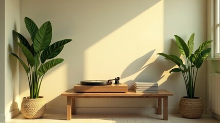 Aufkleber - Serene Minimalist Living Room Decor with Record Player and Plants