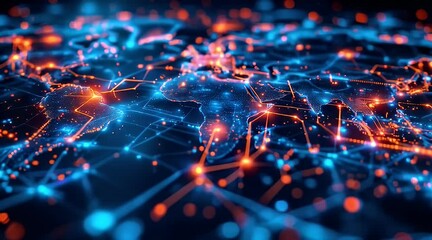 Global network connections, data flow, world map, digital technology, website background