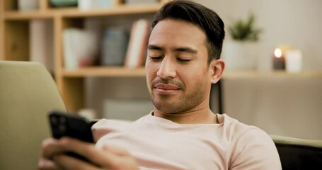 Poster - Home, social media and man with a smartphone, internet and connection with digital app, contact or relax. Person on a sofa, apartment or guy with a cellphone, online reading or blog for news post