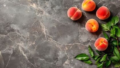 Wall Mural - Flat lay composition with fresh peaches and leaves on grey stone surface, space for text