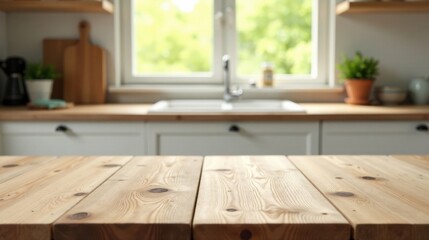 Poster - Rustic wooden table in front of a bright, airy kitchen with blurred background of cabinetry and window