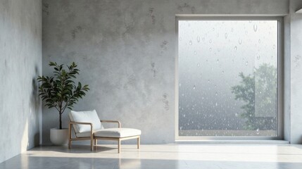 Aufkleber - Serene Minimalist Room Interior Design Featuring a Comfortable Chair, Indoor Plant, and Rain-Streaked Window