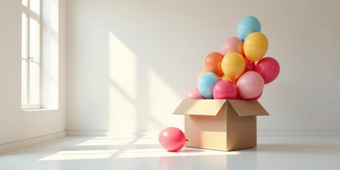 Poster - A cardboard box overflowing with pastel-colored balloons in a bright, sunlit room