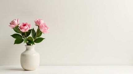 Poster - A delicate bouquet of pale pink blossoms arranged in a simple ceramic vase against a minimalist backdrop provides a serene and peaceful aesthetic.