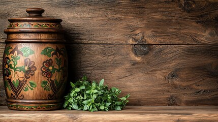 Folk art patterns hand-painted wooden crafts by Handcrafted Wooden Kitchenware with Folk Art Motifs, top view as Decorative jar with fresh herbs on wooden shelf.