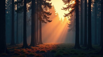 Poster - Golden Sunlight Illuminating a Mystical Forest at Dawn, Casting Long Shadows Through the Tall Trees and Creating a Serene Atmosphere