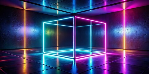 Wall Mural - Futuristic Neon Cube Hologram in Dark Room - Minimalist Sci-Fi Fashion Photography