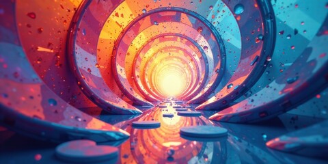 Poster - Abstract Colorful Tunnel of Concentric Rings with Glowing Light and Water Droplets