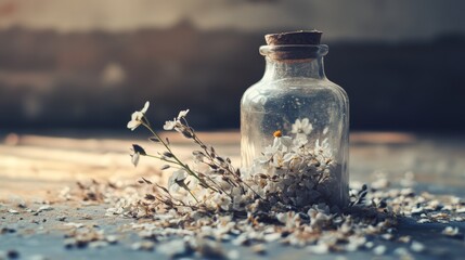 Wall Mural - Glass bottle with dried plants on a wooden surface