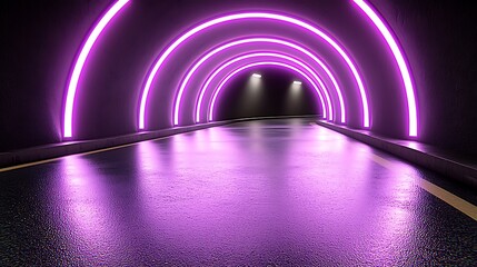 Wall Mural - Tunnel with neon purple lights and asphalt road for a futuristic concept image.