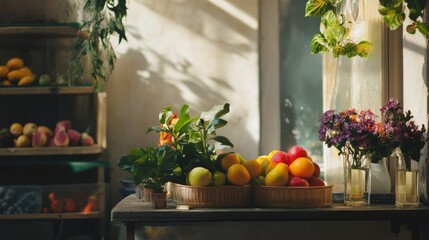 Canvas Print - Fresh fruit and flowers in a cozy market setting