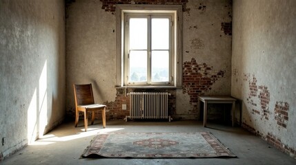 Aufkleber - Sunlit Room with Vintage Chair and Worn Rug in a Derelict Building