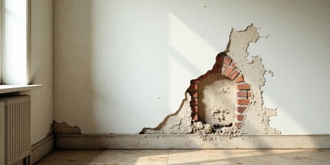 Aufkleber - Revealing an Aged Brick Archway A Wall's Damaged Plaster Reveals Hidden Architectural Detail in a Sunlit Room