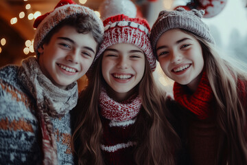 Wall Mural - Young caucasian friends at indoors in winter clothes