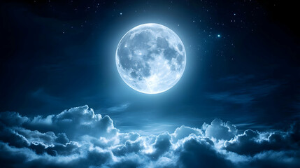 a beautiful glowing full moon surrounded by wispy clouds in a deep starry sky, capturing the magic a