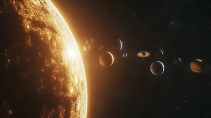Wall Mural - a massive planet with a glowing surface, surrounded by multiple smaller moons in orbit, set against 