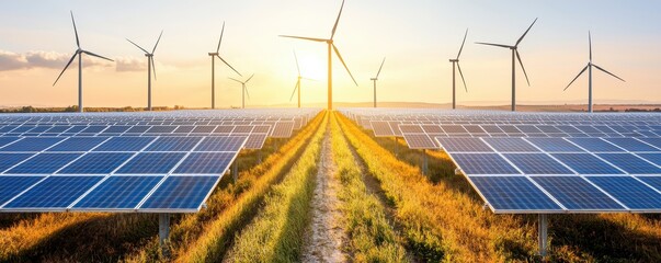 a scenic landscape featuring solar panels and wind turbines under a bright sunset, symbolizing renew