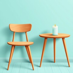 Poster - Cozy Minimalist Scene Featuring Wooden Chair and Candle on Side Table against Light Blue Wall Background
