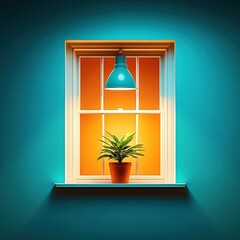 Poster - Cozy window scene with warm light and indoor plant in a vibrant teal interior setting