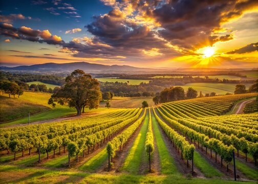 Hunter Valley NSW Australia: Panoramic View of Rolling Vineyard Hillsides at Sunset