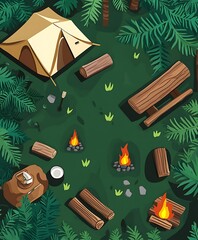 Top down illustration shows camping site in a forest