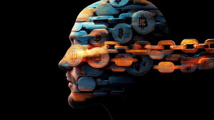 Poster - Conceptual representation of cryptocurrency and blockchain technology blending with human profile in digital art
