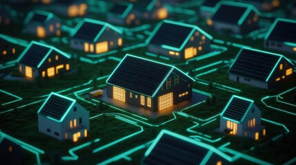 Leinwandbilder - Futuristic Neighborhood with Solar Panels and Neon Accents at Night Emphasizing Sustainable Living and Technology
