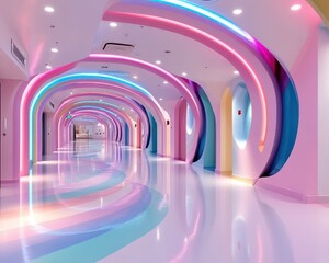 Poster - Colorful and Modern Interior Hallway with Curved Design and Soft Neon Lighting in a Contemporary Setting