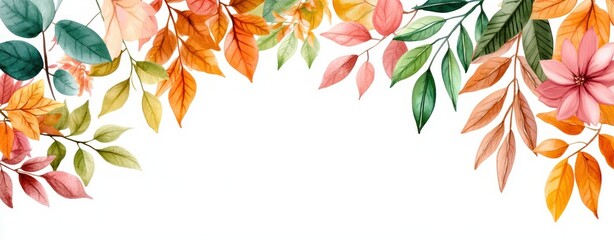 Poster - Vibrant Autumn Leaves and Flowers Border with Colorful Foliage on White Background for Seasonal Decor