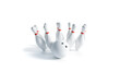 © Stock Archive - Blank white bowling ball and ten pins making strike mockup, motion blur and depth of field, 3d rendering. Clear bowl skittles bang mock up. Leisure game competition.