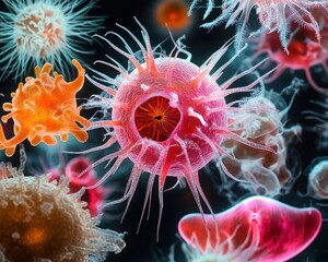 Poster - Colorful Microscopic View of Various Microorganisms in a Dark Background Displaying Diverse Shapes and Textures