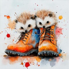 Fototapete - Adorable Hedgehogs in Colorful Boots Surrounded by Vibrant Splashes of Paint and Whimsical Artistry