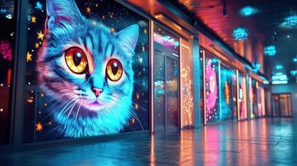 Aufkleber - Futuristic Urban Scene Featuring Vibrant Cat Mural with Neon Lights and Colorful Background in Modern Setting