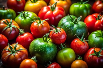 Low Light Close-up of Ripe and Unripe Tomatoes, Green to Red Gradient