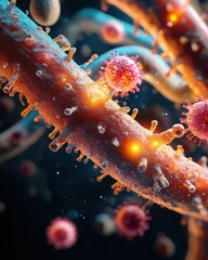 Aufkleber - Microscopic Visualization of Viral Particles Interacting with Cellular Structures in a Dynamic Environment