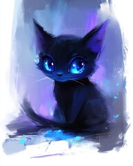 Fototapete - Charming Black Cat with Bright Blue Eyes in a Mystical Purple and Blue Abstract Background