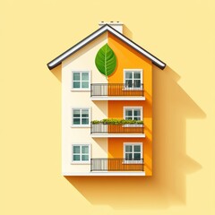 Aufkleber - Modern Eco-Friendly House with Leaf Design and Colorful Facade Against Bright Yellow Background