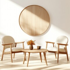 Poster - Cozy minimalist interior with wooden chairs and round mirror, showcasing a warm color palette and floral decor