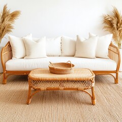 Poster - Cozy and Stylish Living Room Decor with Rattan Sofa and Neutral Cushions in Bright and Airy Setting