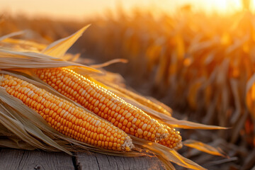 Wall Mural - Ripe corn ears ready for harvest, showcasing golden kernels and husks in warm sunset glow. scene evokes sense of abundance and beauty of nature bounty