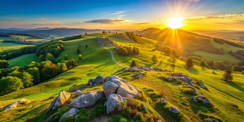 Wall Mural - Aerial View of Lush Green Hill with Scattered Rocks