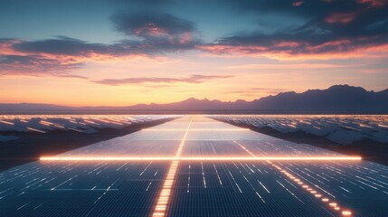 Sunset over vast solar panel field, glowing path.
