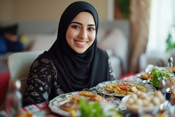 Wall Mural - Smiling woman in hijab sitting at table with plates of ethnic foods, celebrating Islamic tradition.